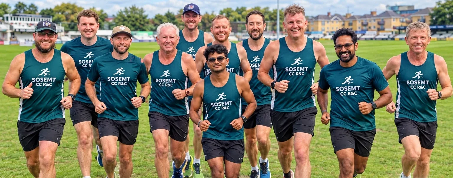 SOSEMT CC Run & Coffee Club members running across the cricket outfield in green club vests